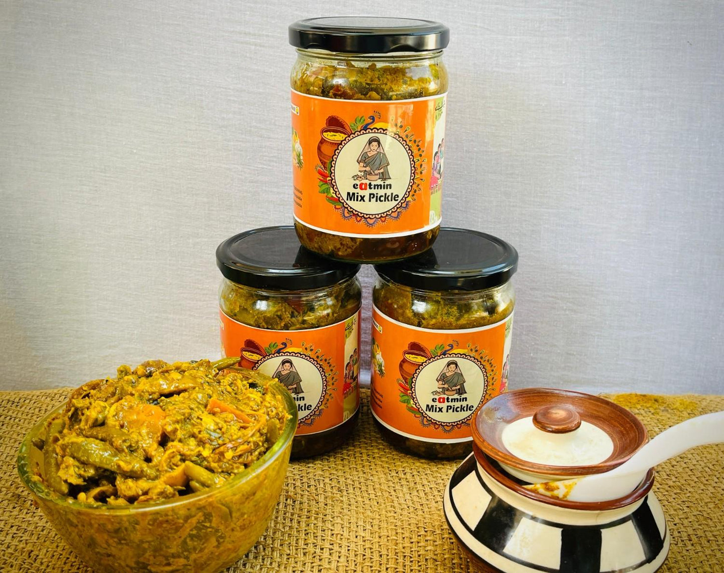 Eatmin Mixed Pickle | Homemade Indian Achar with Aam, Mircha, Adrak, Lahsun, Kathal, Amda & More | 100% Natural & Preservative-Free | Packed in Glass Jar