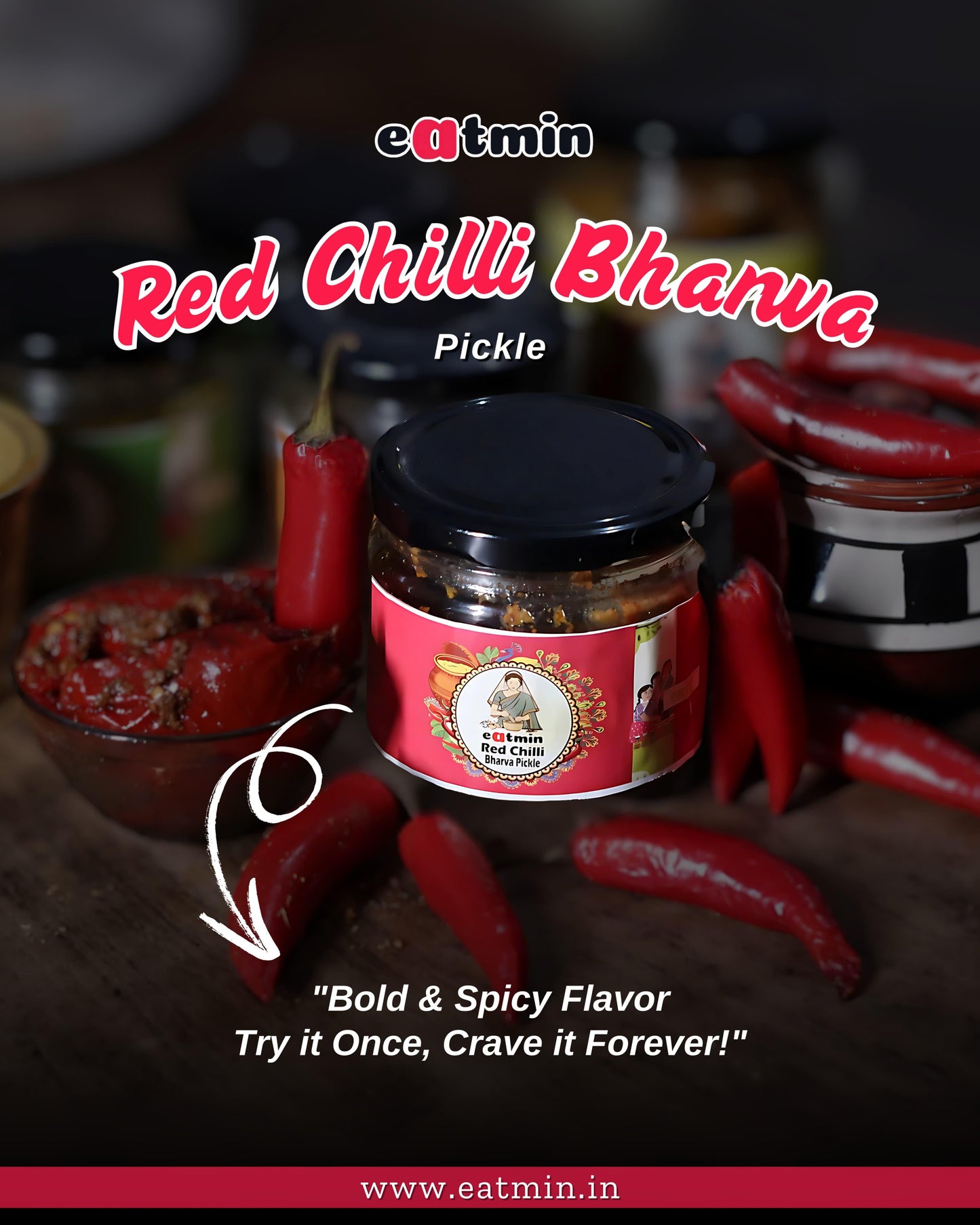 Eatmin Red Chilli Bharva Pickle | Spicy Stuffed Lal Mirch Achar | Homemade, Natural & Preservative-Free | Authentic Indian Taste